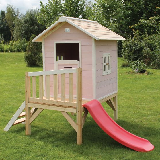 pink wooden playhouse with slide